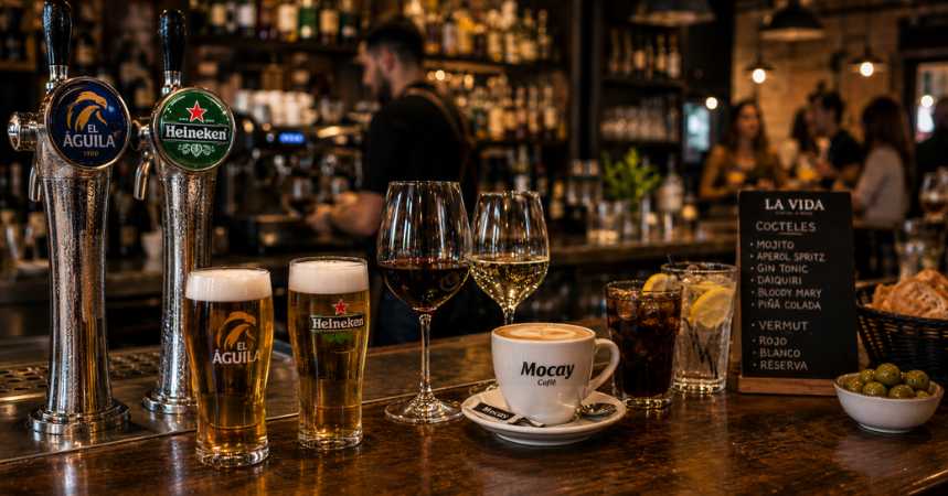 Barra de bar con copa de vino y taza de café: bebidas para hostelería en Sarria y Lugo